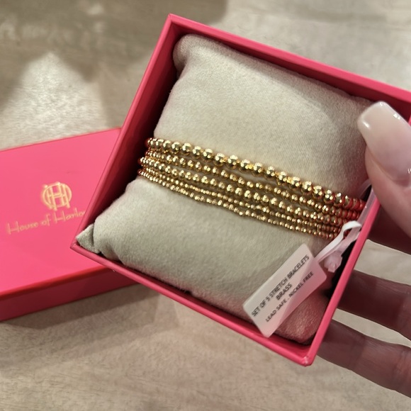 House of Harlow 1960 Jewelry - House of Harlow 1960 Set of 5 Stretch Gold Tone Beaded Bracelet Set